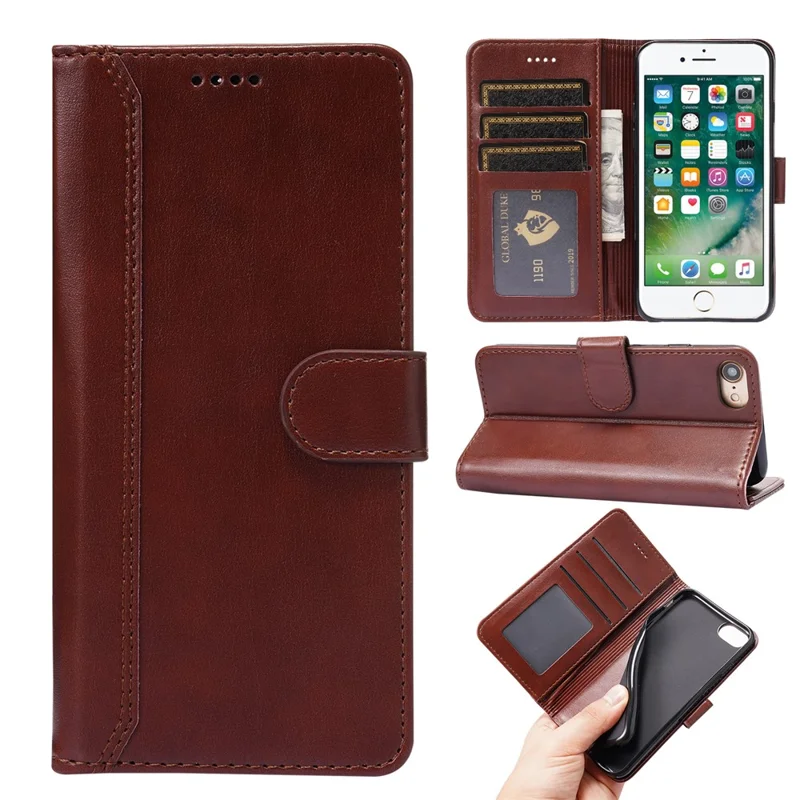 Splicing PU Leather Phone Case Stand Wallet Cover Protector for iPhone 6/SE (2022)/SE (2020)/8/7 - Brown