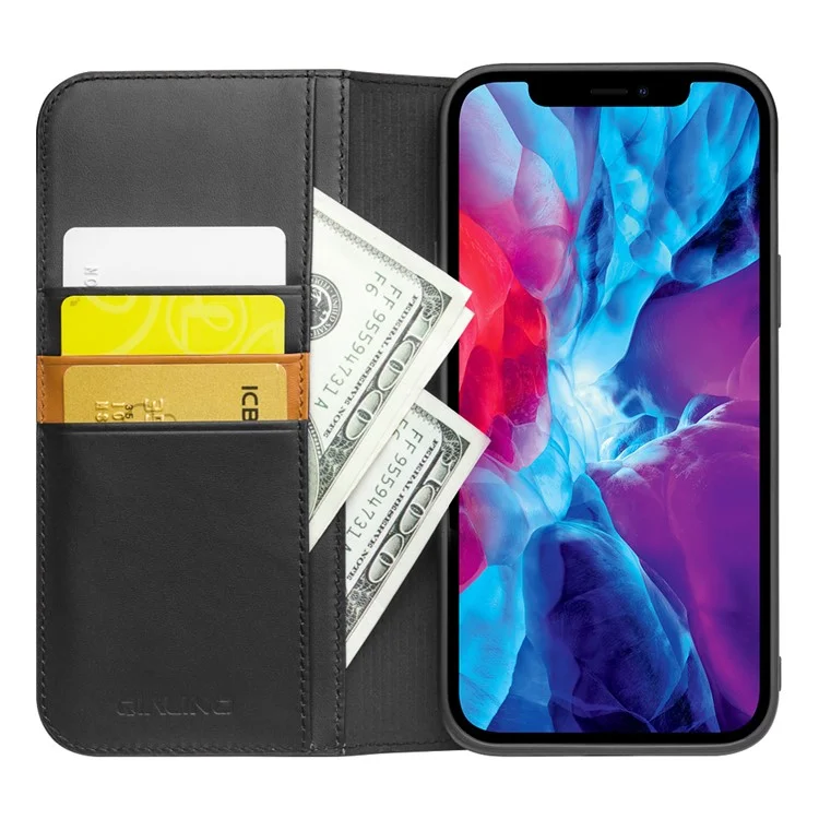 Qialino Folio Flip Wallet Design Top Top Cowhide Cheather Top Com Stand Para Iphone 13 Pro Max 6,7 Polegadas - Preto