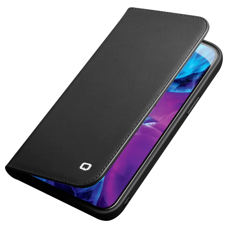 QIALINO Folio Flip Top Layer Cowhide Leather Light Stand Wallet Design Phone Cover for iPhone 13 Pro 6.1 inch - Black