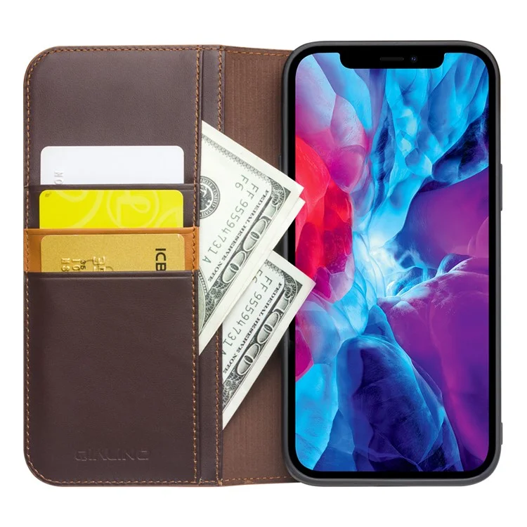 QIALINO Folio Flip Top Layer Cowhide Leather Light Stand Wallet Design Phone Cover for iPhone 13 Pro 6.1 inch - Brown