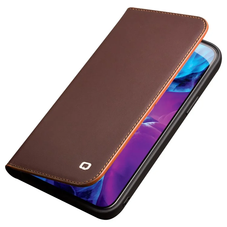 QIALINO Folio Flip Top Layer Cowhide Leather Light Stand Wallet Design Phone Cover for iPhone 13 Pro 6.1 inch - Brown