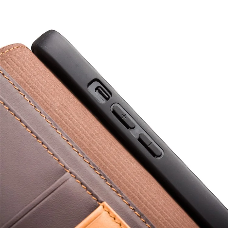 QIALINO Folio Flip Top Layer Cowhide Leather Light Stand Wallet Design Phone Cover for iPhone 13 Pro 6.1 inch - Brown