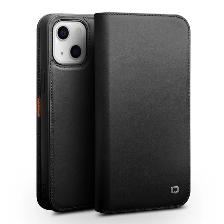 QIALINO Top Layer Cowhide Leather All-Round Protection Wallet Design Phone Cover with Stand for iPhone 13 6.1 inch - Schwarz