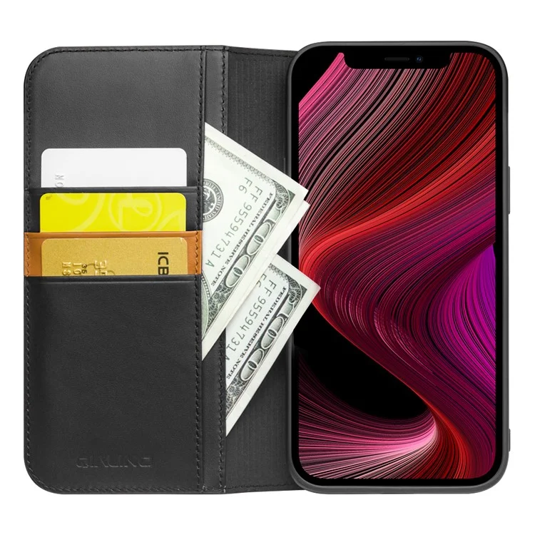 QIALINO Top Layer Cowhide Leather All-Round Protection Wallet Design Phone Cover with Stand for iPhone 13 6.1 inch - Schwarz