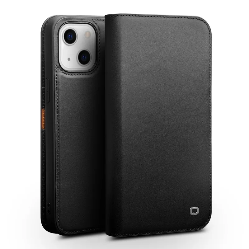 QIALINO Wallet Case Stand Genuine Cow Leather Flip Phone Cover for iPhone 13 mini 5.4 inch - Black