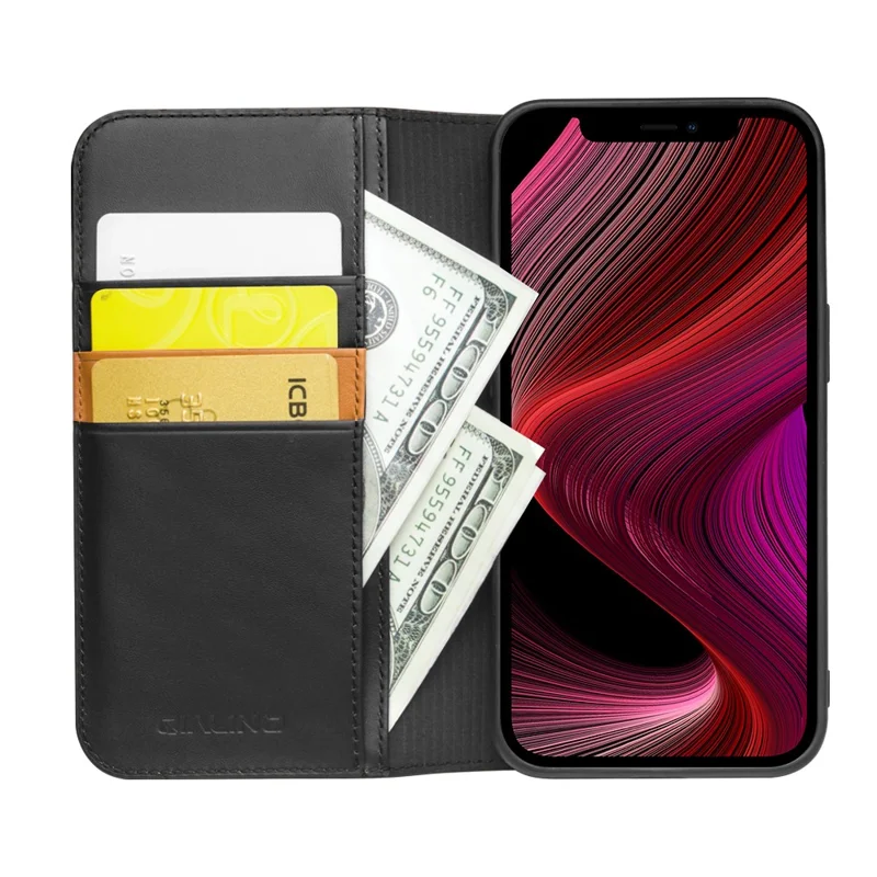 QIALINO Wallet Case Stand Genuine Cow Leather Flip Phone Cover for iPhone 13 mini 5.4 inch - Black