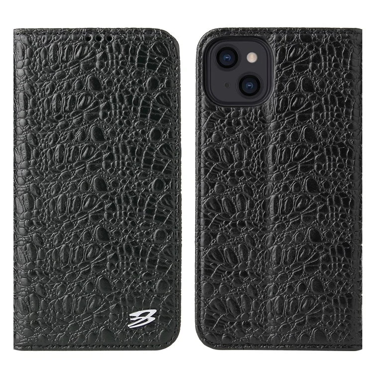 Fierre Shann Crocodile Textur Leder Telefonschutzschutz Mit Brieftasche Für Iphone 13 6,1 Zoll - Schwarz