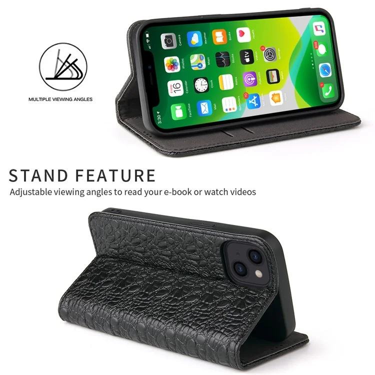 Fierre Shann Crocodile Textur Leder Telefonschutzschutz Mit Brieftasche Für Iphone 13 6,1 Zoll - Schwarz