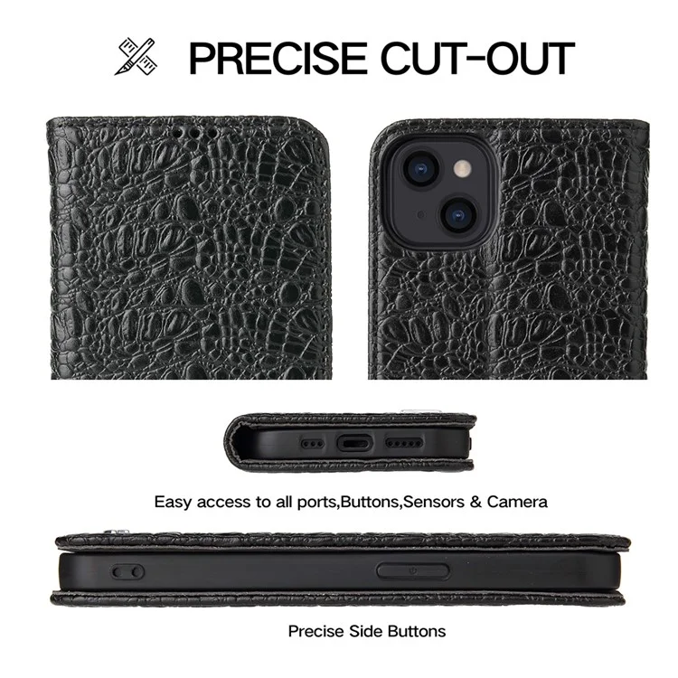 Fierre Shann Crocodile Textur Leder Telefonschutzschutz Mit Brieftasche Für Iphone 13 6,1 Zoll - Schwarz