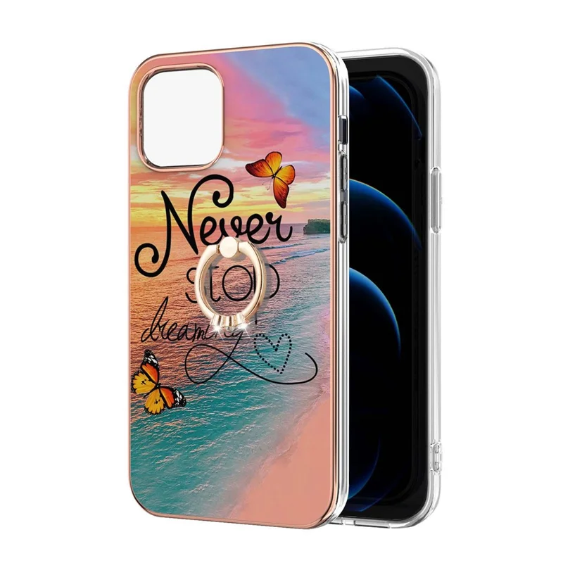 Marble Pattern Design IMD TPU Cover with Ring Kickstand for iPhone 13 6.1 inch - Never Stop Dreaming