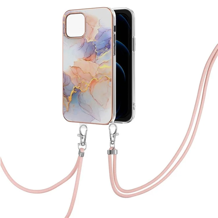 Diseño de Patrón de Mármol IMD Enchapado Suave Cubierta Protectora de Cuerpo Completo con Cordón para iPhone 13 6.1 pulgadas - Vía Láctea Mármol Blanco