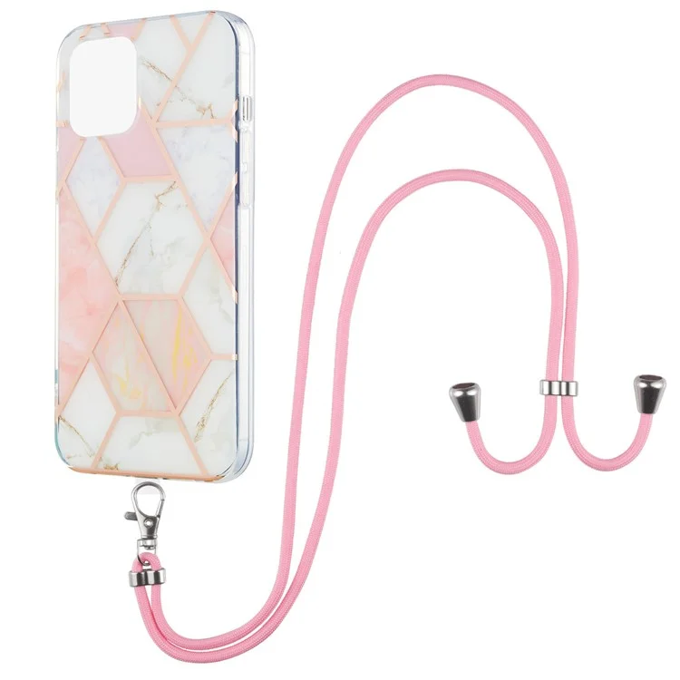 2.0mm Slim Marble Splicing Pattern Double-sided IMD Electroplating Flexible TPU Case with Lanyard for iPhone 13 6.1 inch - Pink/White