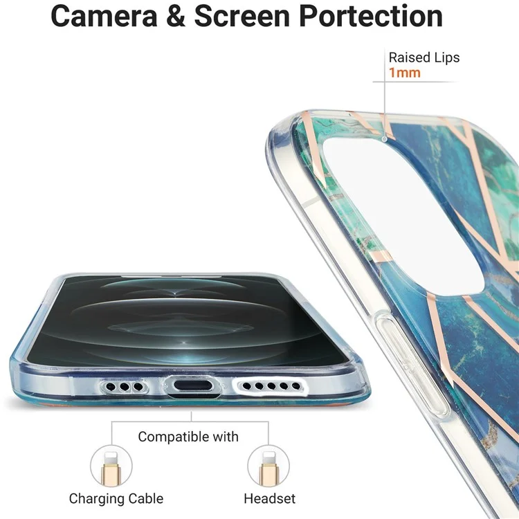 2.0mm IMD Workmanship Electroplating Marble Pattern Printing TPU Cell Phone Case Cover for iPhone 13 6.1 inch - Azul/Verde