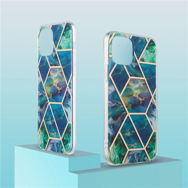 2.0mm IMD Workmanship Electroplating Marble Pattern Printing TPU Cell Phone Case Cover for iPhone 13 6.1 inch - Blue/Green