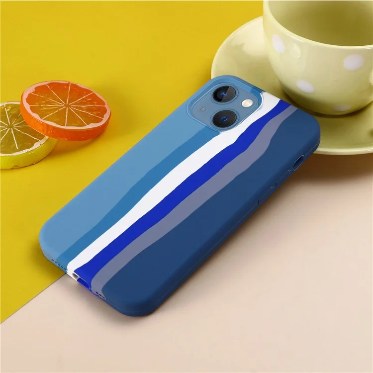 Rainbow Style Liquid Silicone Mobile Phone Back Case Protector for iPhone 13 6.1 inch - Blue