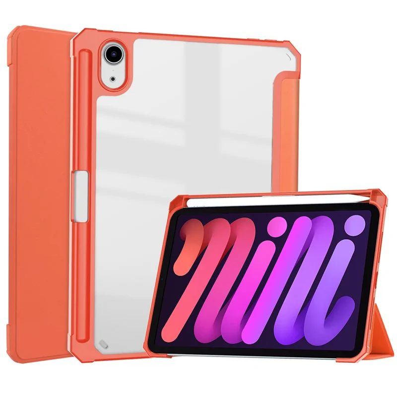 Crystal Clear Back Panel Stand Smart Tablet Case with Pen Slot for iPad mini (2024) / mini (2021) - Orange