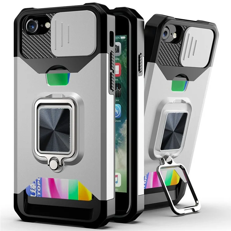 Coque de protection pour téléphone portable avec support pour carte et support pour iPhone SE (2022)/SE (2020)/8/7/6 - Argent