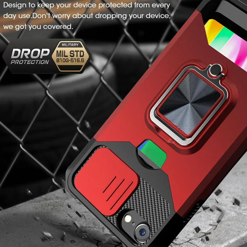 Camera Slider Protector Design Hybrid Phone Case Shell with Card Holder and Kickstand for iPhone SE (2022)/SE (2020)/8/7/6 - Rose Gold