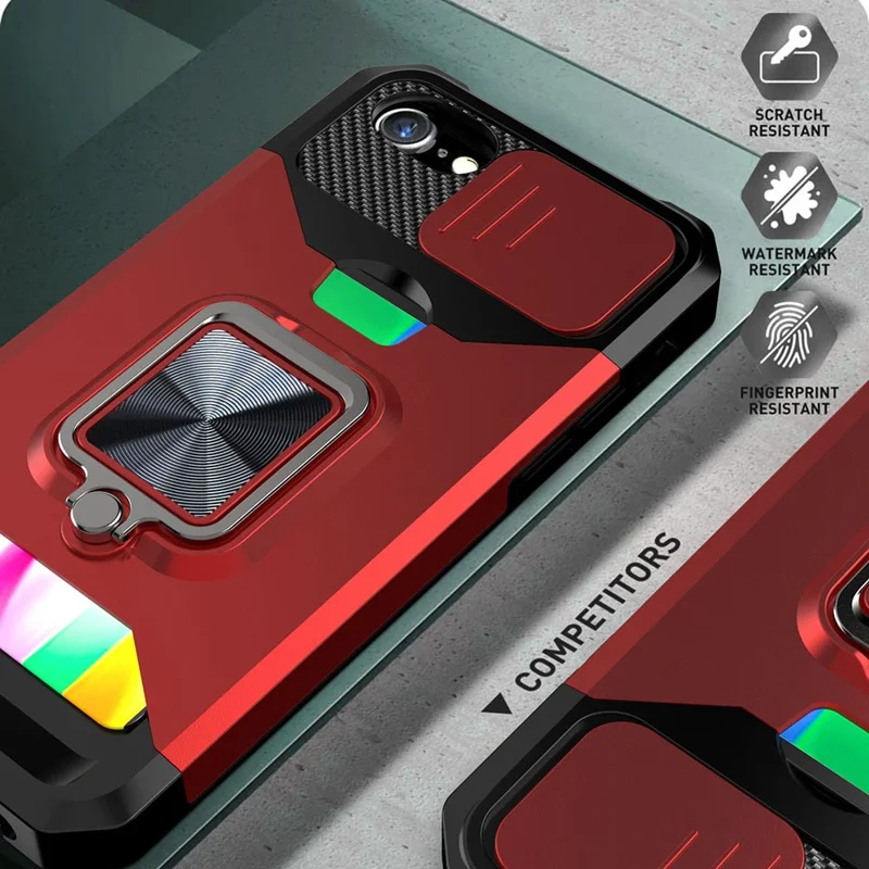 Camera Slider Protector Design Hybrid Phone Case Shell with Card Holder and Kickstand for iPhone SE (2022)/SE (2020)/8/7/6 - Rose Gold