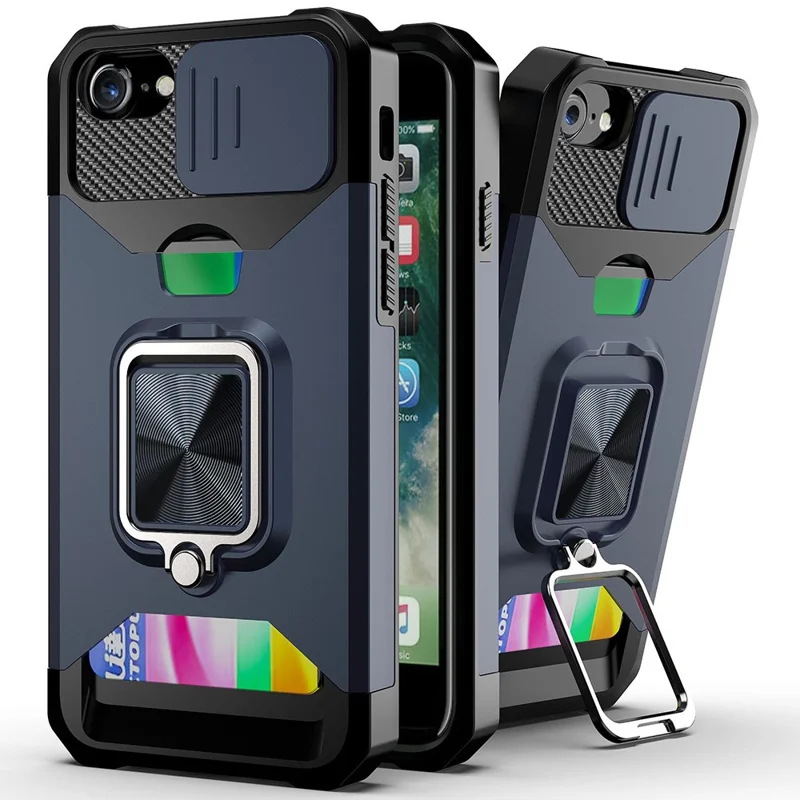 غطاء هجين للهاتف بتصميم واقي مع شريحة للكاميرا وحامل بطاقة ومسند لهاتف iPhone SE (2022)/SE (2020)/8/7/6 - أزرق داكن