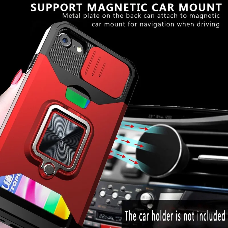 غطاء هجين للهاتف بتصميم واقي مع شريحة للكاميرا وحامل بطاقة ومسند لهاتف iPhone SE (2022)/SE (2020)/8/7/6 - أزرق داكن