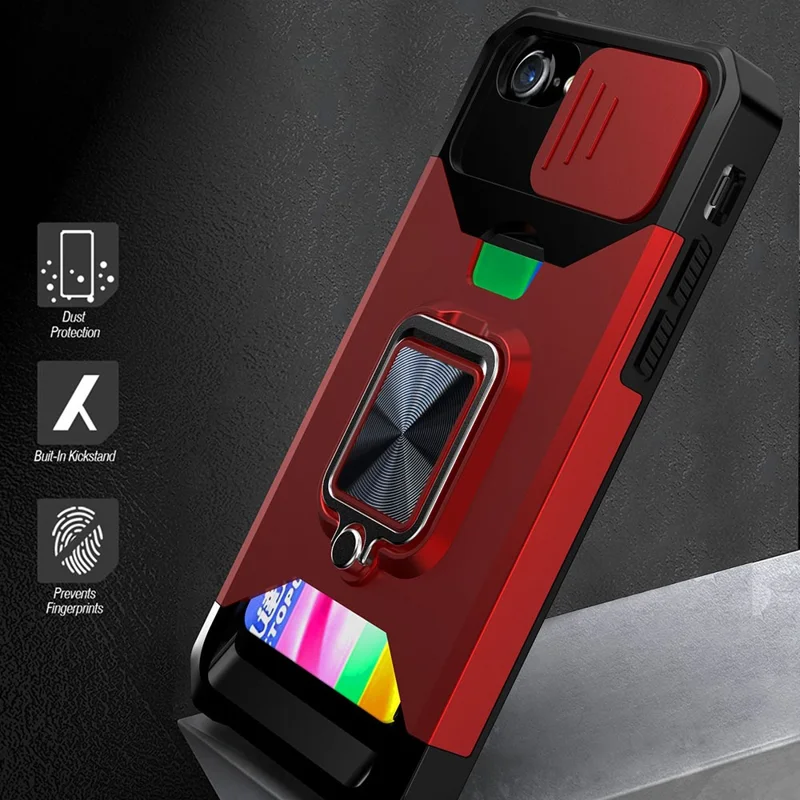 Camera Slider Protector Design Hybrid Phone Case Shell with Card Holder and Kickstand for iPhone SE (2022)/SE (2020)/8/7/6 - Red