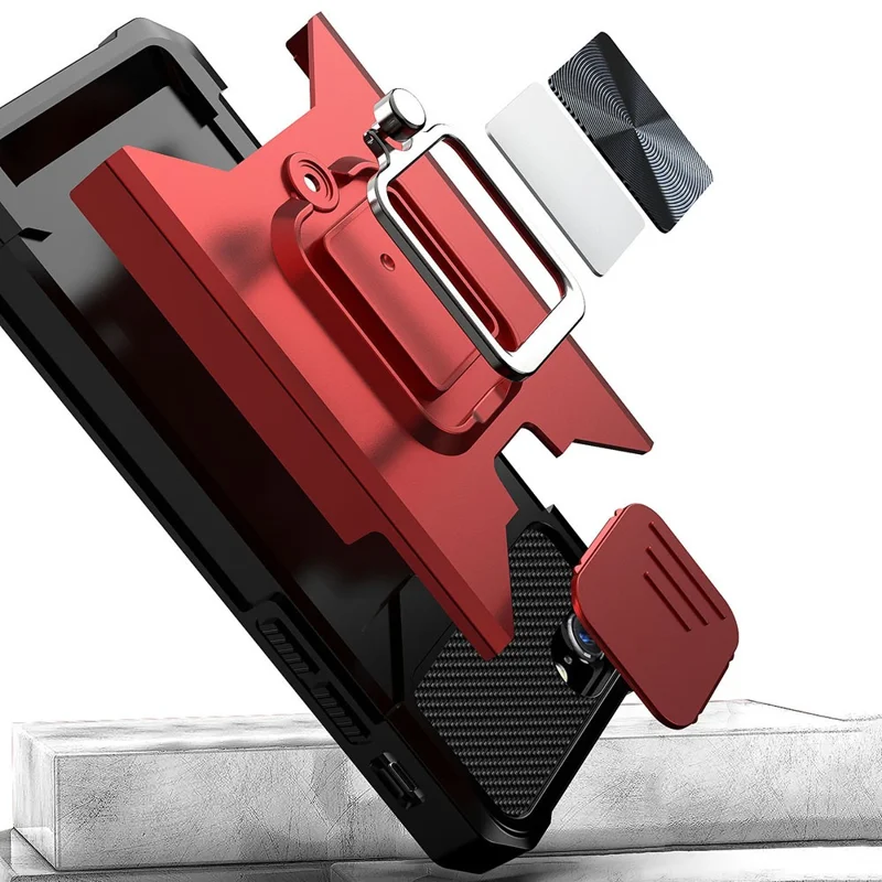 Camera Slider Protector Design Hybrid Phone Case Shell with Card Holder and Kickstand for iPhone SE (2022)/SE (2020)/8/7/6 - Red