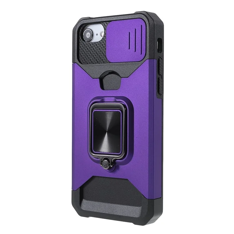 Camera Slider Protector Design Hybrid Phone Case Shell with Card Holder and Kickstand for iPhone SE (2022)/SE (2020)/8/7/6 - Purple