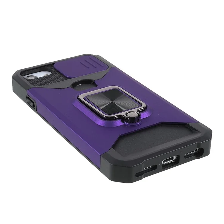 Camera Slider Protector Design Hybrid Phone Case Shell with Card Holder and Kickstand for iPhone SE (2022)/SE (2020)/8/7/6 - Purple