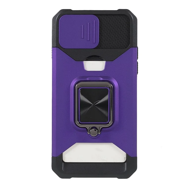 Camera Slider Protector Design Hybrid Phone Case Shell with Card Holder and Kickstand for iPhone SE (2022)/SE (2020)/8/7/6 - Purple