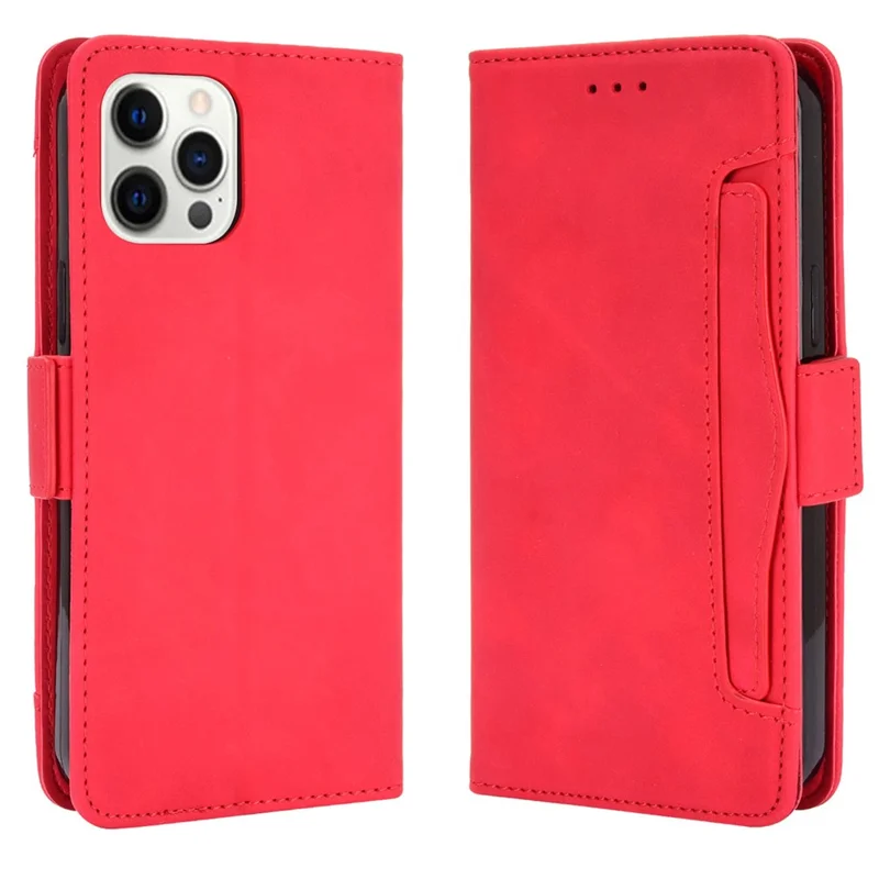 Magnetic Clasp Multiple Card Slot Leather Phone Cover with Stand for iPhone 13 Pro 6.1 inch - Red