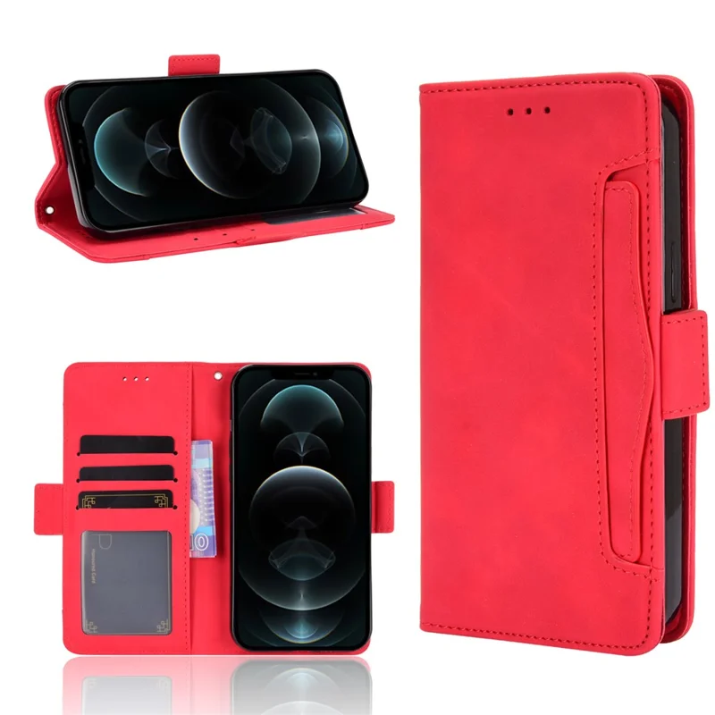 Magnetic Clasp Multiple Card Slot Leather Phone Cover with Stand for iPhone 13 Pro 6.1 inch - Red