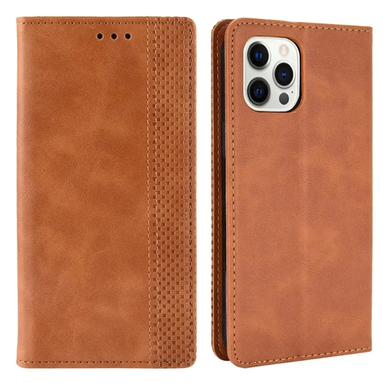Auto-absorbed Retro Style Wallet Design PU Leather Phone Case with Stand for iPhone 13 Pro Max 6.7 inch - Brown