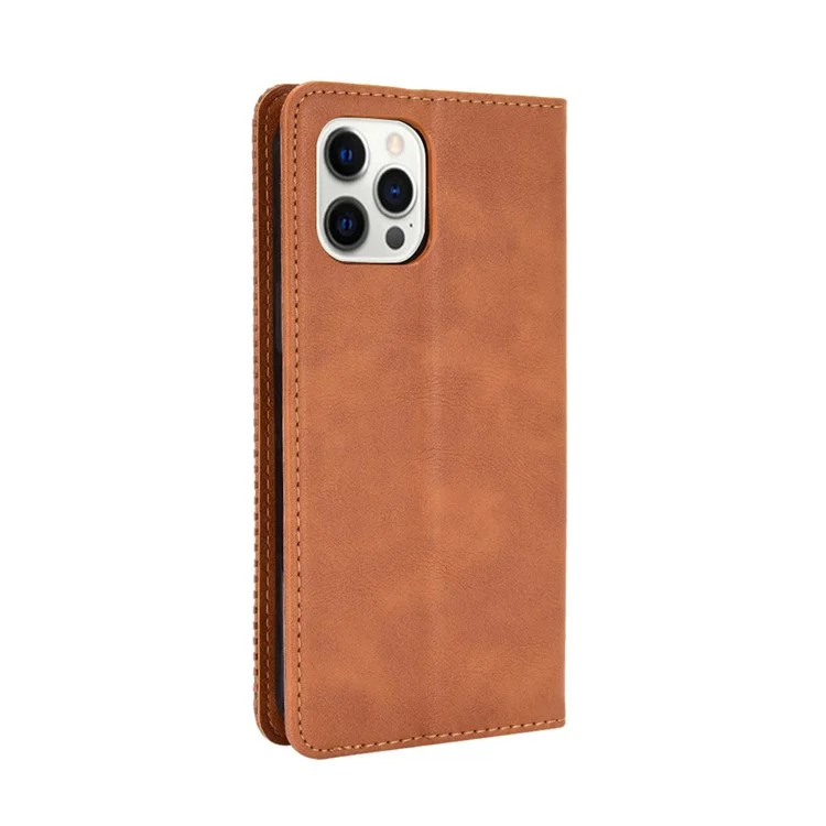 Auto-absorbed Retro Style Wallet Design PU Leather Phone Case with Stand for iPhone 13 Pro Max 6.7 inch - Brown