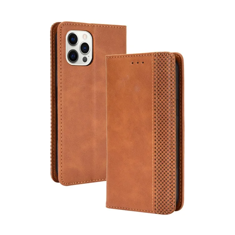 Auto-absorbed Retro Style Wallet Design PU Leather Phone Case with Stand for iPhone 13 Pro Max 6.7 inch - Brown
