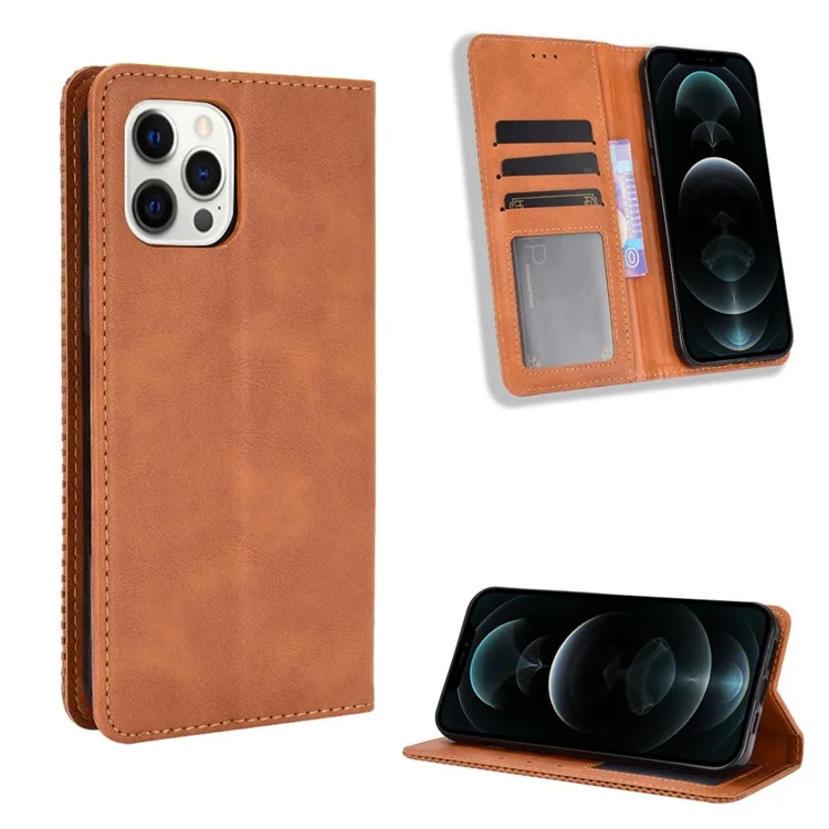 Auto-absorbed Retro Style Wallet Design PU Leather Phone Case with Stand for iPhone 13 Pro Max 6.7 inch - Brown