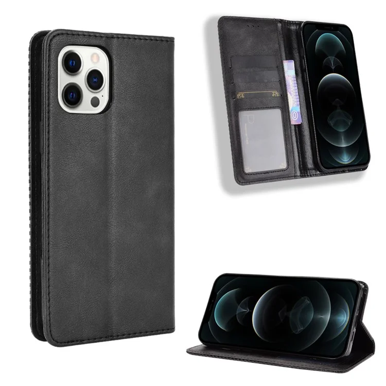 Portafoglio in Stile Retrò Auto-assorbito Design Per Telefono in Pelle PU Con Supporto Per Iphone 13 Pro Max 6,7 Pollici - Nero