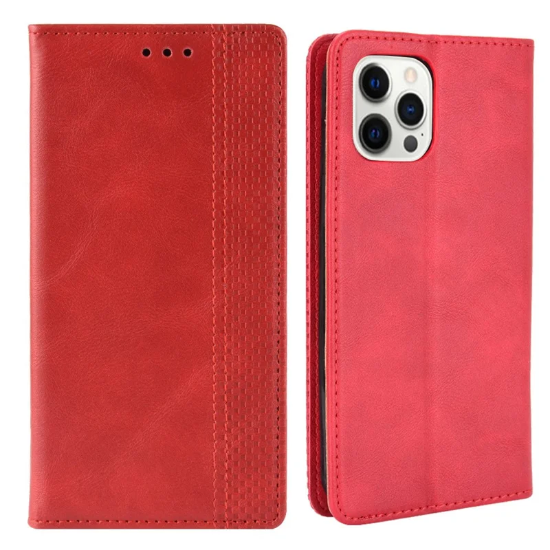 Auto-absorbed Anti-Drop Vintage Style Wallet Protective PU Leather Phone Case with Stand for iPhone 13 Pro 6.1 inch - Red