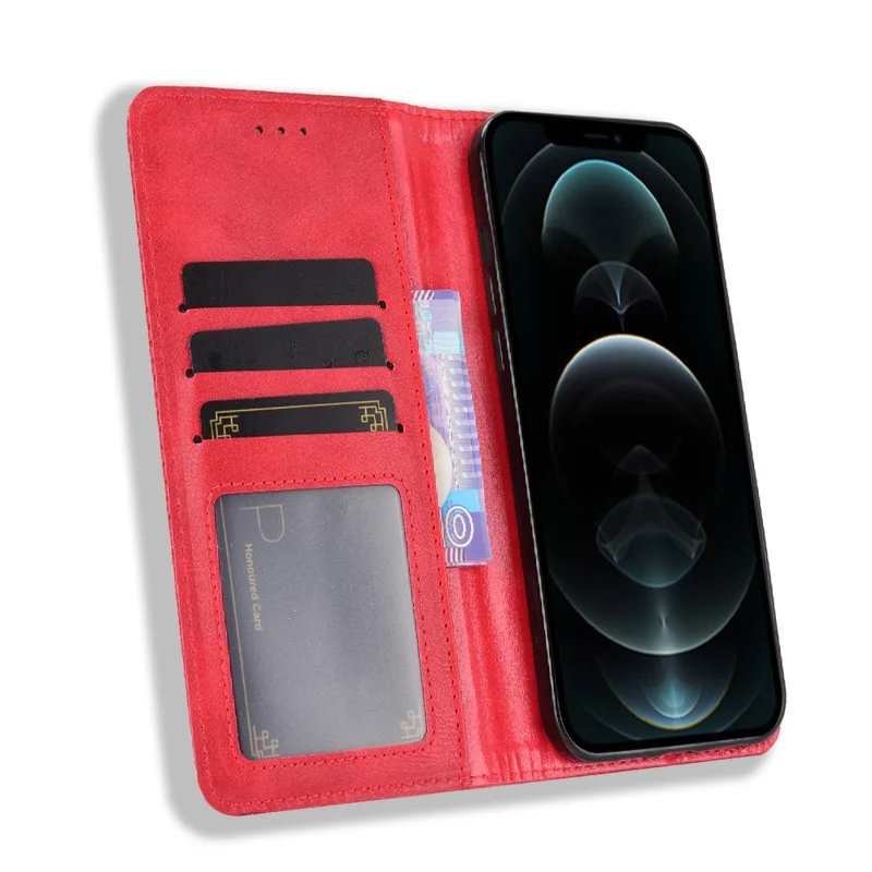 Auto-absorbed Anti-Drop Vintage Style Wallet Protective PU Leather Phone Case with Stand for iPhone 13 Pro 6.1 inch - Red