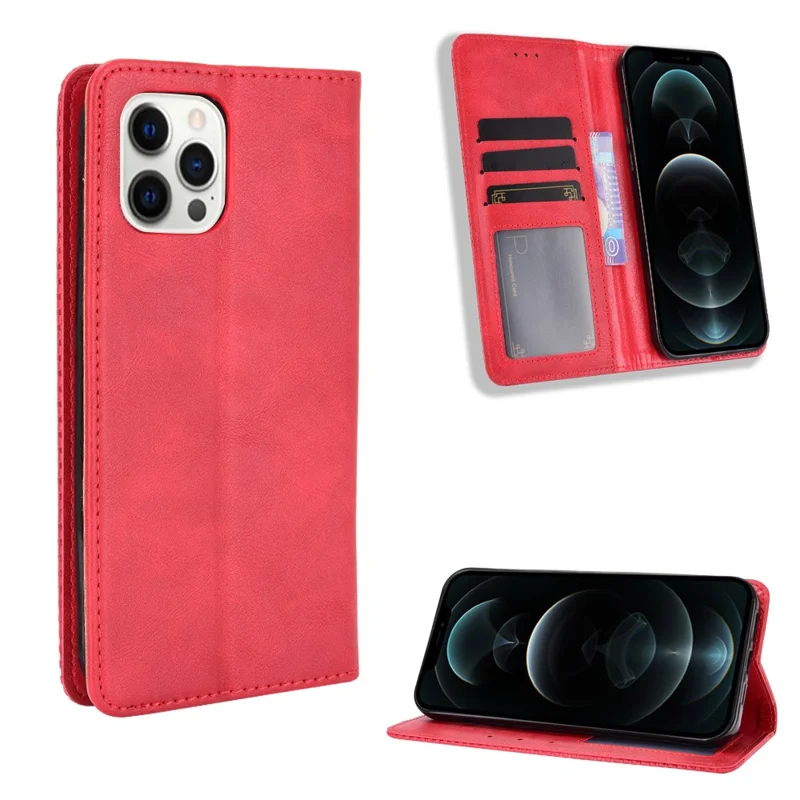 Auto-absorbed Anti-Drop Vintage Style Wallet Protective PU Leather Phone Case with Stand for iPhone 13 Pro 6.1 inch - Red