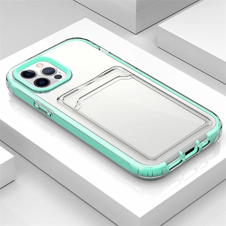 Anti-Fall TPU + PC Double Layers Shockproof Clear Phone Case with Card Holder for iPhone 13 6.1 inch - Mint Green