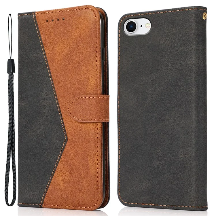Anti-Drop Anti-Scratch Dual Color Wallet Stand Design Leather Phone Case mit praktischem Trageriemen für iPhone SE (2022)/SE (2020)/8/7/6 - Schwarz/Braun