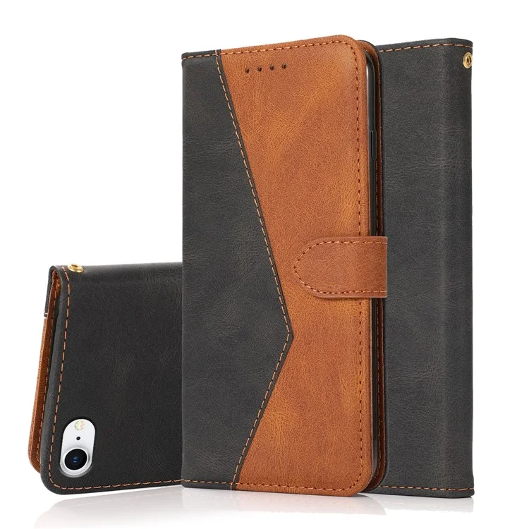 Anti-Drop Anti-Scratch Dual Color Wallet Stand Design Leather Phone Case mit praktischem Trageriemen für iPhone SE (2022)/SE (2020)/8/7/6 - Schwarz/Braun