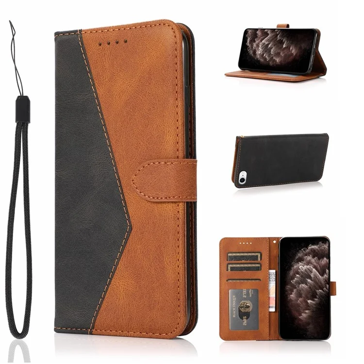 Anti-Drop Anti-Scratch Dual Color Wallet Stand Design Leather Phone Case mit praktischem Trageriemen für iPhone SE (2022)/SE (2020)/8/7/6 - Schwarz/Braun