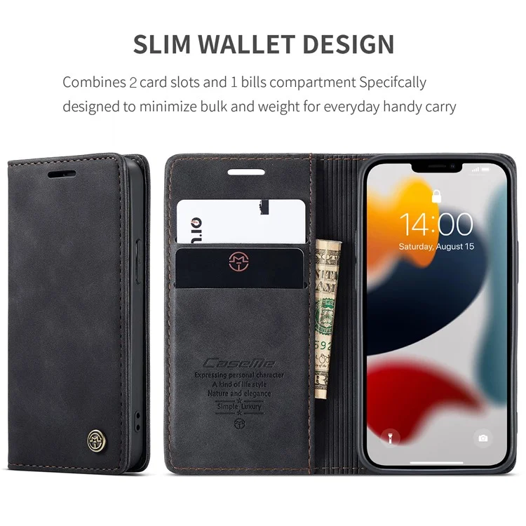 CASEME 013-Serie Auto-absorbierter Wallet-Stand-Ledertasche Für IPhone 13 Mini 5,4 Zoll - Schwarz