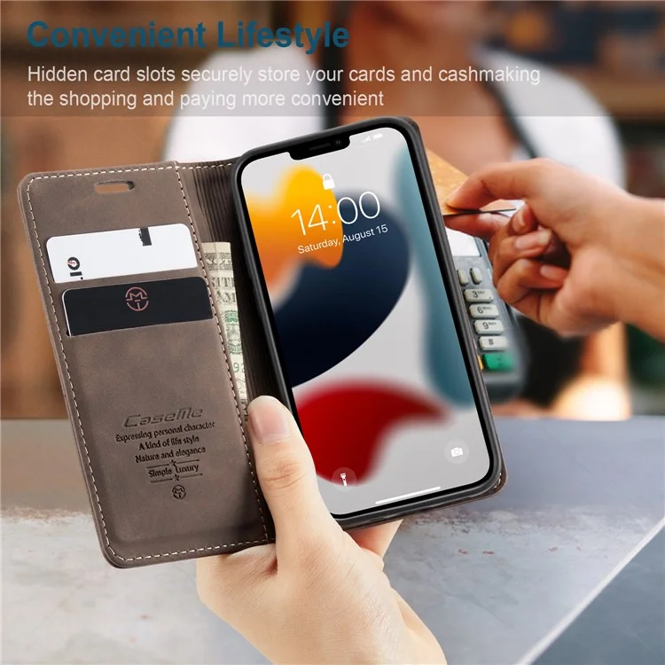CASEME Série 013 pour iPhone 13 mini Étui portefeuille en cuir magnétique à absorption automatique - Café