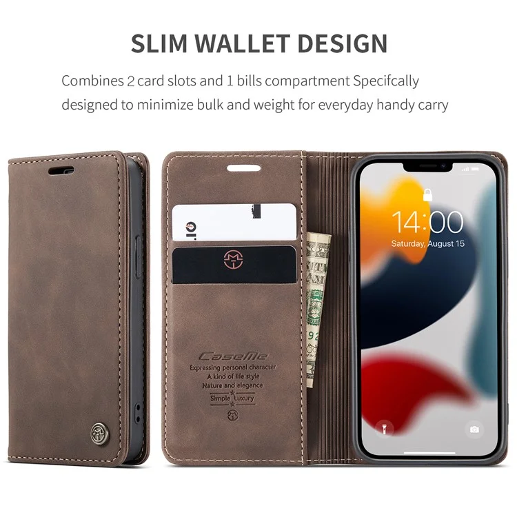 CASEME 013 Series Auto-absorbed Wallet Stand Leather Case for iPhone 13 mini 5.4 inch - Coffee