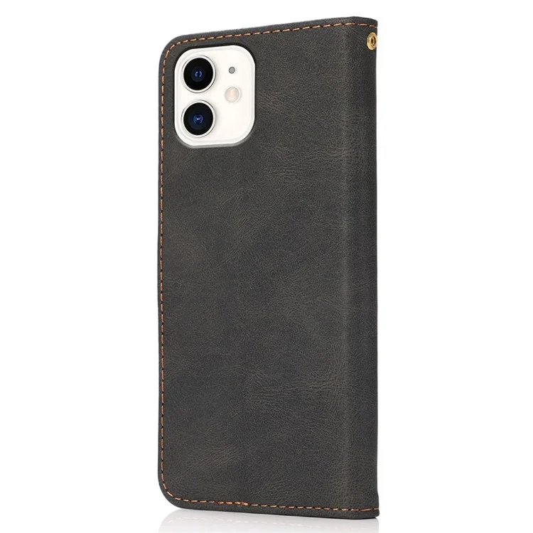 Funda protectora de cuero con soporte de diseño de cartera de color dual y cordón para iPhone 12 mini de 5.4 pulgadas - Negro/Marrón