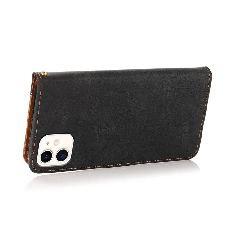 Funda protectora de cuero con soporte de diseño de cartera de color dual y cordón para iPhone 12 mini de 5.4 pulgadas - Negro/Marrón