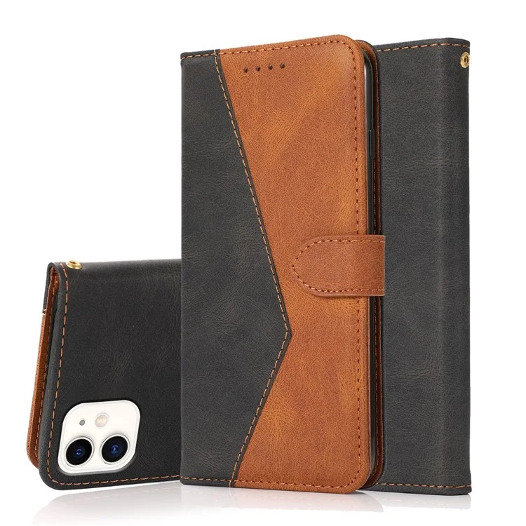 Funda protectora de cuero con soporte de diseño de cartera de color dual y cordón para iPhone 12 mini de 5.4 pulgadas - Negro/Marrón
